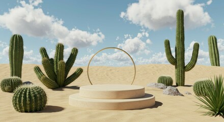 Product Display Platform with Cacti in Desert Landscape