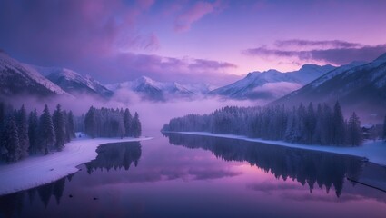 Fototapeta premium Snowy alpine scenery with lake, forest, and colorful sky in Slovenia during winter night