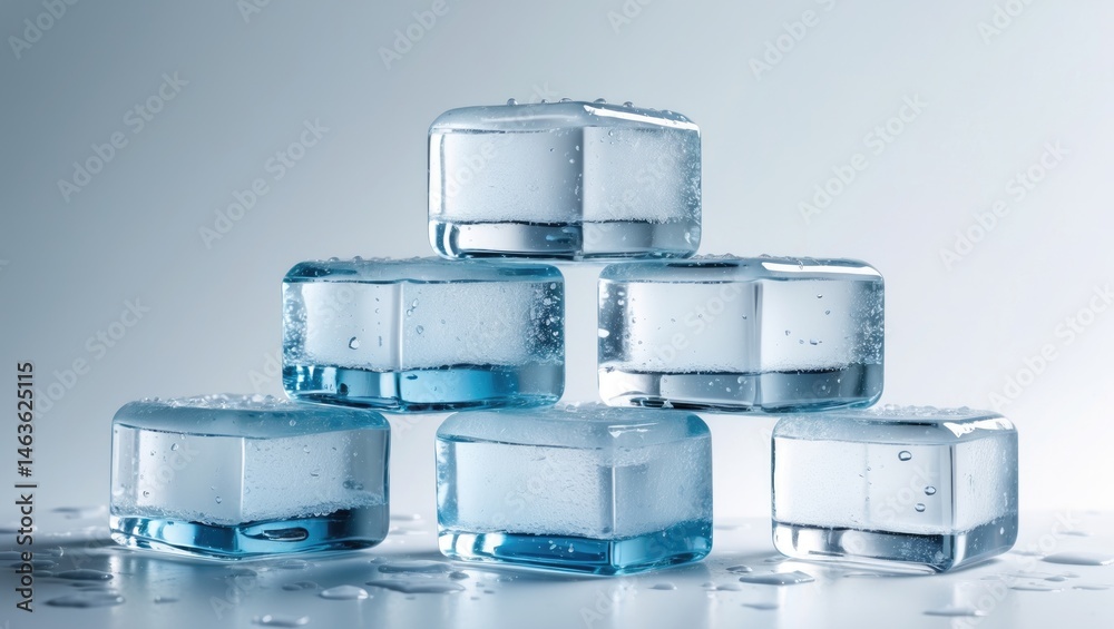 Poster transparent ice cube with refraction and reflection against a winter-themed white background