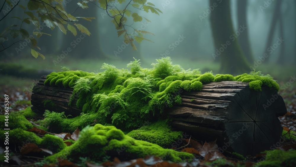 Poster display background featuring a mossy green log for products