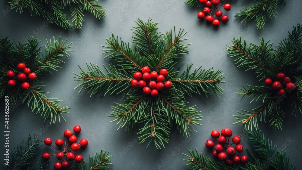 Aufkleber Top view composition of fir tree branches and red berries on gray surface