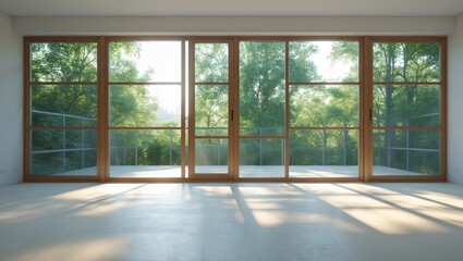 Fototapeta premium Interior space showing a wall-mounted sliding glass window over the floor