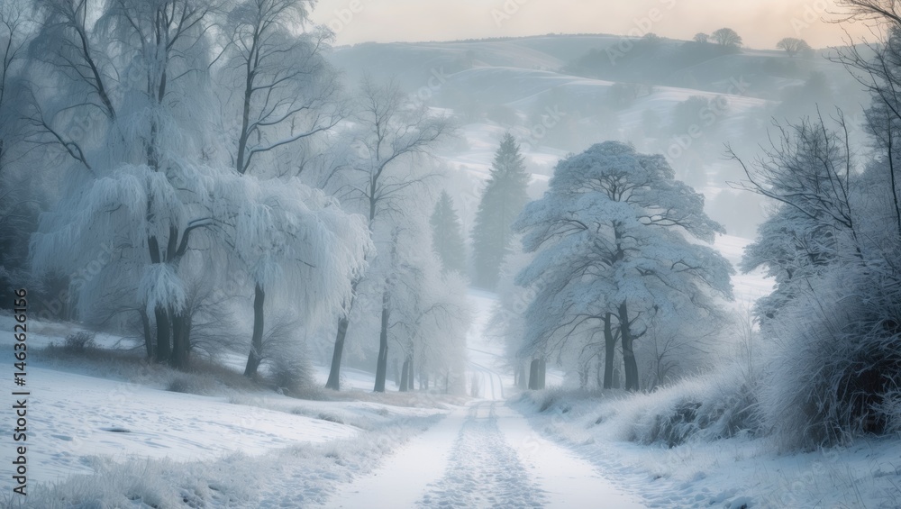 Poster snowy winter scene with trees blanketed in snow and a pathway leading to distant greenery