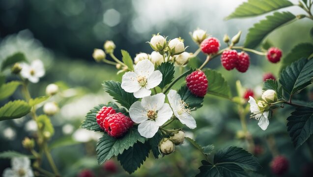 Blackberry harvest with flowers and fruits on the farm