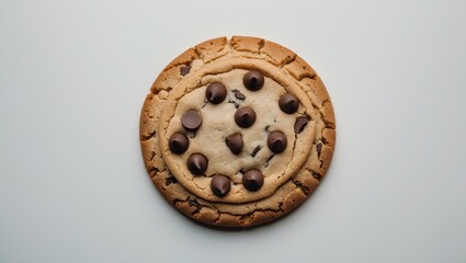 Big round chocolate chip cookie with crunchiness, isolated on flat white background