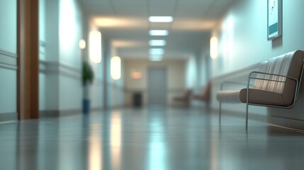 A blurred perspective of a spacious hospital or office hallway with smooth walls, glowing ambient lighting, and a tranquil interior design 