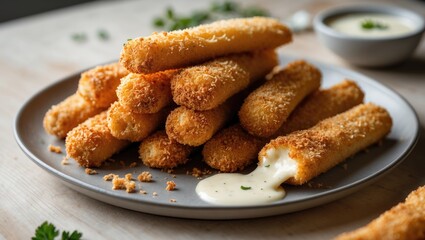 Baked mozzarella cheese sticks breaded and deep-fried with garlic sauce