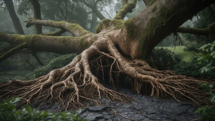 Tree damage from storm: fallen branches and uprooted trunk