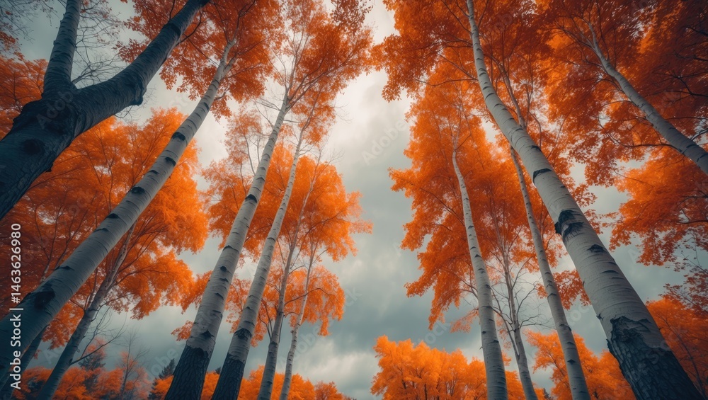 Aufkleber serene woodland scene featuring tall birch trees with colorful fall foliage and overcast sky.