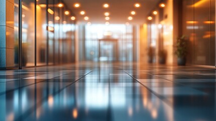 A blurred view of a modern office lobby entrance, the background showcasing sleek glass walls and polished flooring, with subtle lighting enhancing the luxurious ambiance 