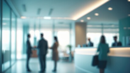 Office hall of a bank with people and blurred waiting area in the lobby