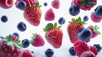 Wild berries falling in a mix against a white background, isolated with focus