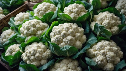 Organic cauliflower displayed in retail market setting