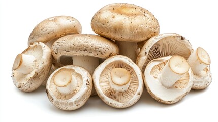 A cluster of common button mushrooms, whole and sliced, with the interior visible.