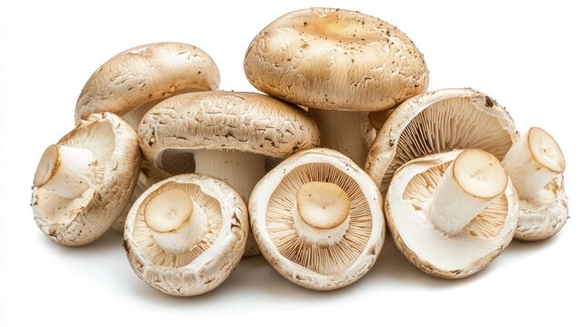A cluster of common button mushrooms, whole and sliced, with the interior visible.