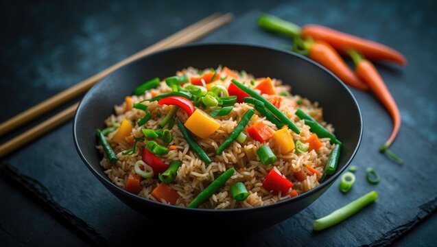 Indian-style Veg Schezwan Fried Rice with colorful vegetables on a dark slate surface