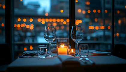 Romantic Candlelit Dinner Table Setting with City View