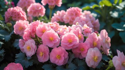 Fototapeta premium Bright close-up of blooming begonias featuring pink petals and bronze foliage, perfect for a floral background