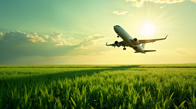 Shadow airplane flying above green field. Sustainable fuel. Biofuel in aviation. Sustainable transportation and eco-friendly flight with biofuel use. Aviation sustainability. Biofuel in air travel.