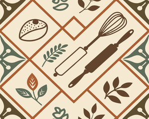 Vintage kitchen tile pattern with rolling pin, whisk, herbs, and bread illustration