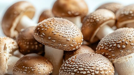 A cluster of shiitake mushrooms, their brown caps contrasting with the light background.