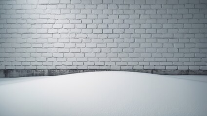 Snow-covered ground adjacent to a white brick wall