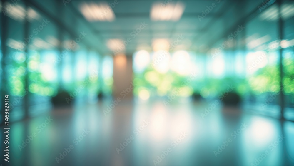Poster empty room lobby with glass wall and window featuring blurred light bokeh in a business environment