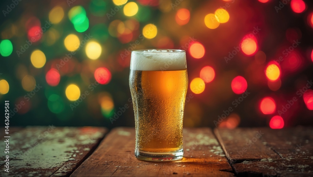 Poster refreshing beer in a glass with a soft-focus background