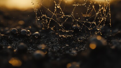 Dew-kissed spider web on dark ground.  Details of water droplets clinging to intricate web strands. Golden light illuminates the scene