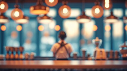 Out-of-focus shop and food store scene with blurry design elements and lighting