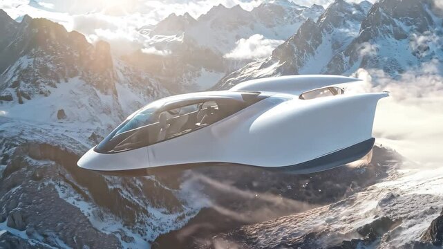 Futuristic Flying Car Flying Over Snow Mountains