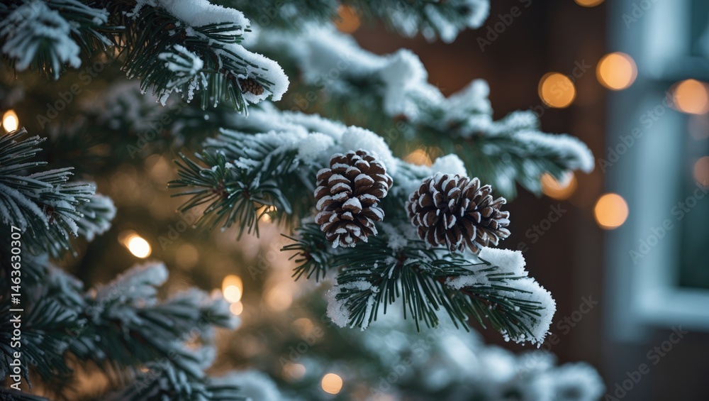 Poster Modern design of a snowy Christmas tree featuring colorful textures and dynamic branches in an indoor setting