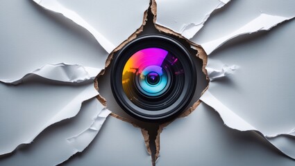 Detective-style hidden camera with damaged lens emerging through hole in paper wall