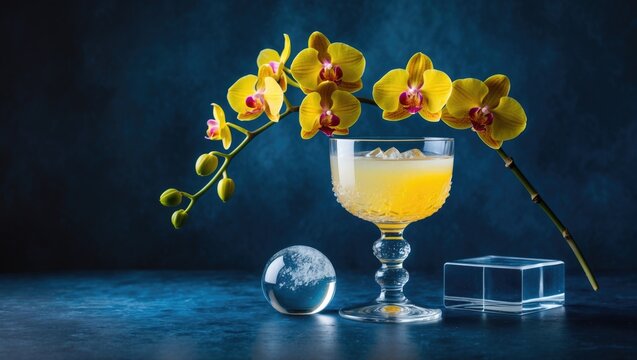 Festive front view featuring a beverage in a cocktail glass beside a glass marble and yellow flower on a vibrant holiday-themed wall backdrop