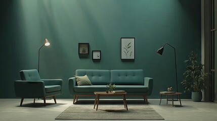 Teal living room interior design with natural light.
