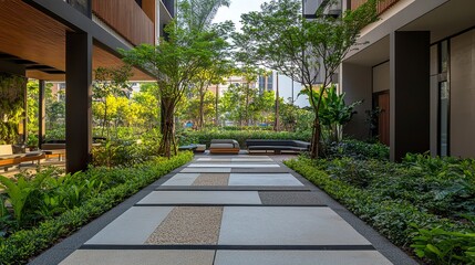 A bright office courtyard with manicured gardens, smooth walkways, and minimalist seating under the open sky, blending urban functionality with natural beauty 