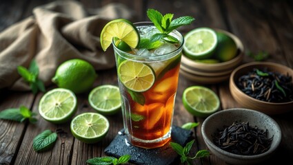 Lime Iced Tea: Thai-style Black Tea with Lime Juice and Sugar, Decorated with Slices and Mint in a Glass