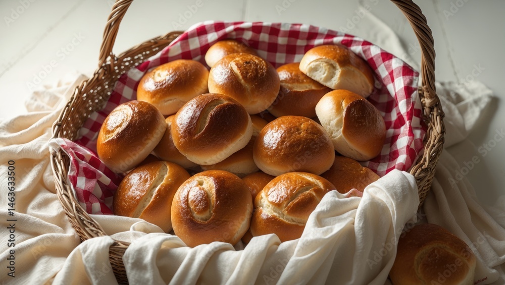 Poster buns stored in a wicker basket covered by a tablecloth