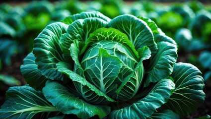 Obraz premium Fresh cabbage plant in a rural farm or greenhouse setting