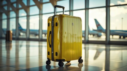 Yellow suitcase in airport departure lounge. Concept of travel and summer vacation. Bright suitcase in terminal waiting area at the airport.