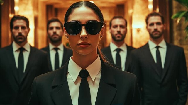 Powerful Woman with Bodyguards in Black Suits