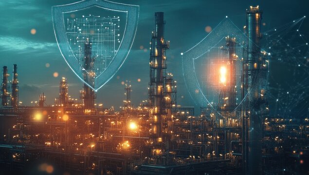 cybersecurity shields protecting a large industrial complex against potential digital threats looming over the landscape
