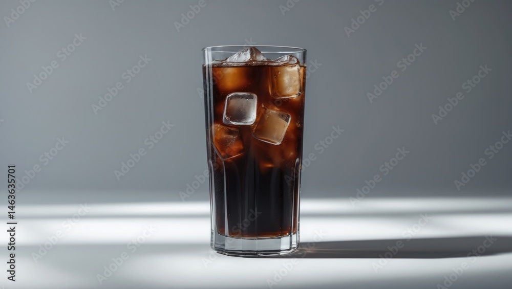 Poster Refreshing cola drink with ice against a shiny backdrop