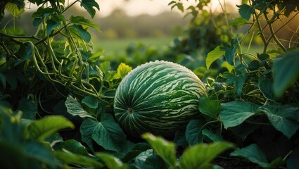 Faraway fields with green melons or cantaloupe plants growing