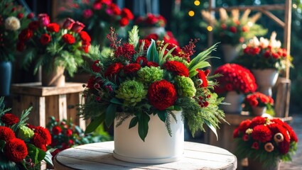 Festive floral display featuring blooms and greenery in a box on table
