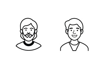 Simple linear vector illustrations depicting portraits of two different male characters smiling