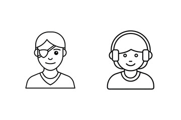 Simple outline illustrations representing person with eye patch and someone with headphones on a white background