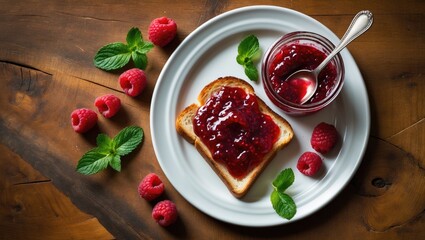 Delightful toast with jam topping on a wooden table, top view