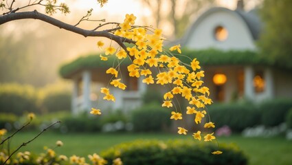 Obraz premium A graceful tree branch decorated with colorful yellow blossoms in a beautiful natural setting