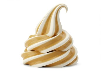 Swirl of vanilla and caramel soft serve ice cream on a white background, a sweet dessert treat